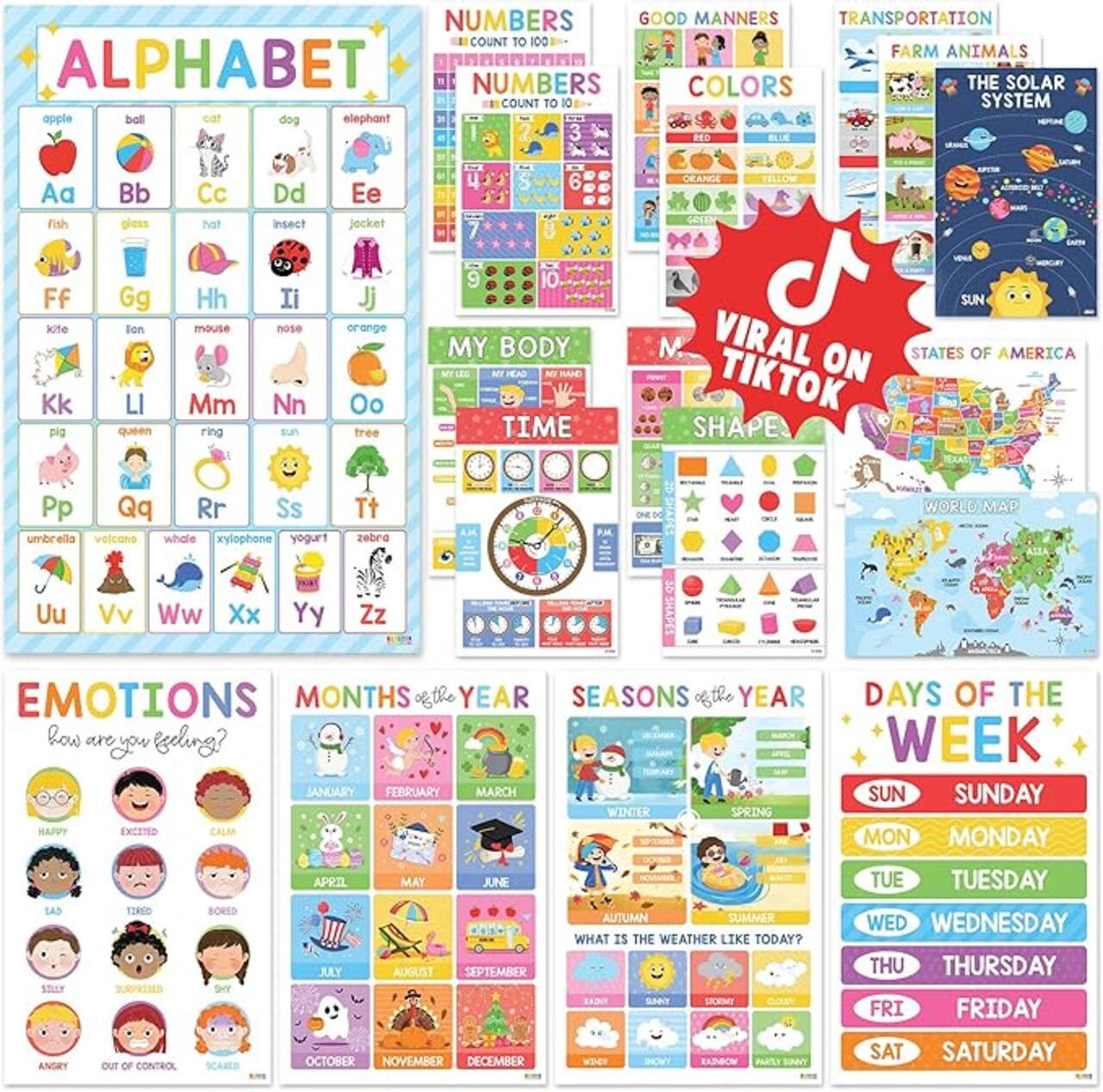 18 Laminated Educational Posters for Toddlers & Preschool Learning, Classroom Posters Set for Pre-K, Kindergarten & Homeschool, Alphabet, Numbers, Shapes, Colors, Maps, Emotions & Learning Charts